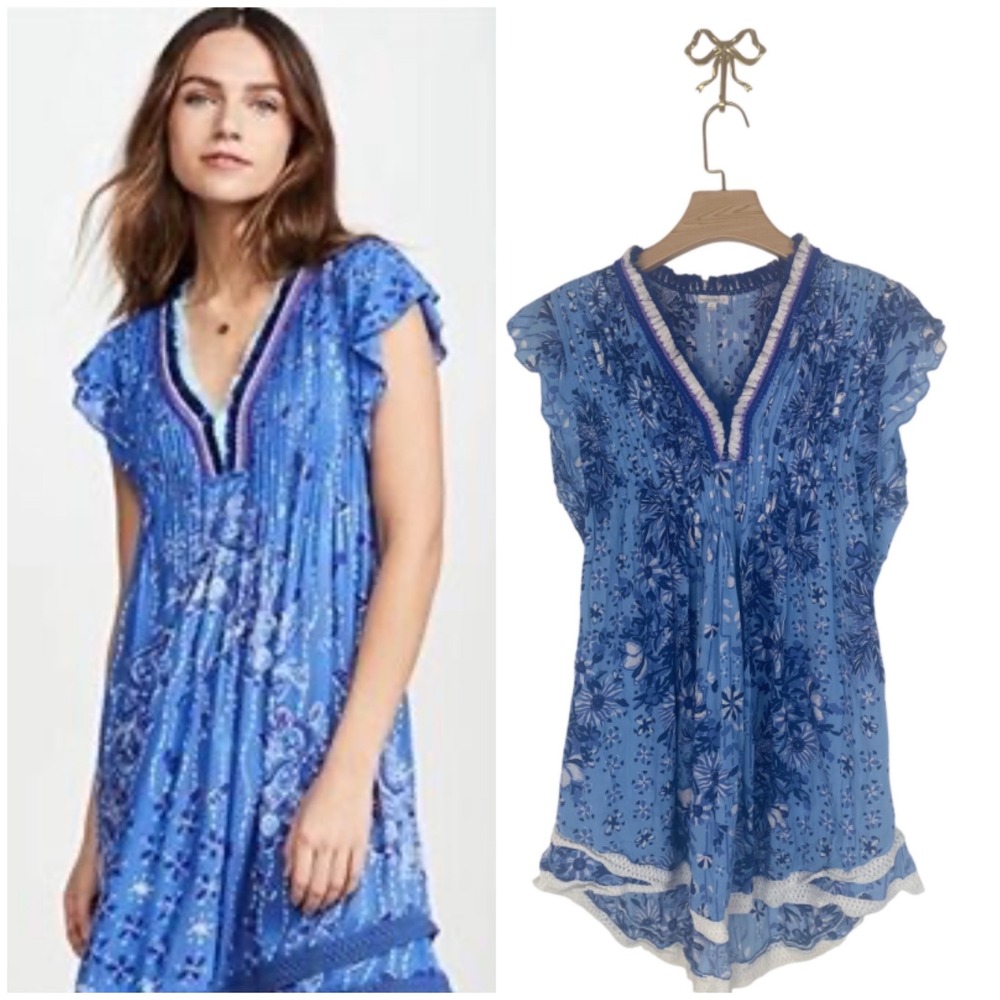 Poupette St Barth Sasha Mini Dress Blue Floral Pintuck V-Neck Boho Medium